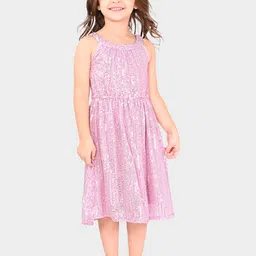 BONKIDS Girls Embellished Halter Neck Sequinned Detailed Cotton Fit & Flare Midi Dress-54