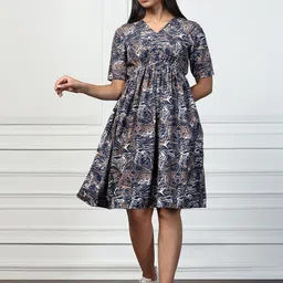 Moda Rapido Abstract Printed V-Neck Cotton Fit & Flare Dress-image-13