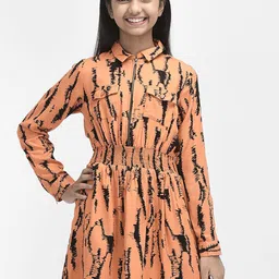 Crimsoune Club Abstract Print Shirt Collar Fit & Flare Long Sleeve Viscose Rayon Dress-10