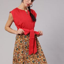 AKS Floral Printed Cotton A-Line Dress And Tie-Up Top-image-10