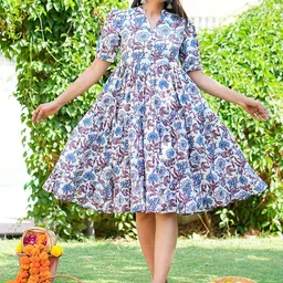 GULAB CHAND TRENDS Blue Floral Print Fit & Flare Dress-image-65