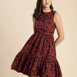 Moomaya Polka Printed Sleeveless Cotton Fit & Flare Dress-image-24