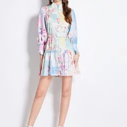 JC Collection Women Floral Printed Cuffed Sleeves Fit & Flare Mini Dress With Belt-image-92
