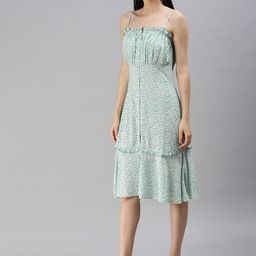 EVERYDAY by ANI Sea Green Floral Printed Shoulder Straps Gathered Tiered A-Line Dress-image-43