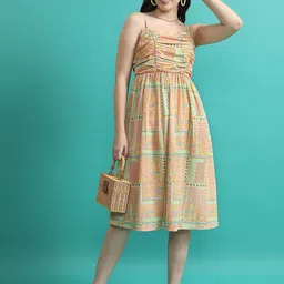Tokyo Talkies Peach Ethnic Motifs Printed Shoulder Straps Ruched Fit & Flare Dress-image-50