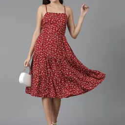 Kotty Floral Printed Shoulder Straps Sleeveless Layered Fit & Flare Dress-image-93