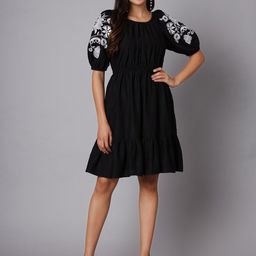 VINISHAA KLOTHING Embroidered Puffed Sleeves Cotton Fit & Flare Dress-image-19
