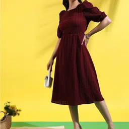 Campus Sutra Maroon Checked Puff Sleeves Cut-Outs Fit & Flare Midi Dress-18