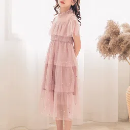 StyleCast Girls Pink Embellished High Neck Ruffled Fit & Flare Midi Dress-picture-38