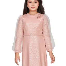 Peppermint Girls Self Designed Puff Sleeves Cotton Fit & Flare Dress-image-27
