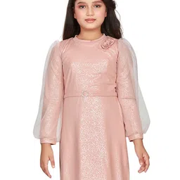 Peppermint Girls Self Designed Puff Sleeves Cotton Fit & Flare Dress-image-26
