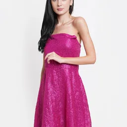 DODO & MOA Pink Embellished Sequinned Off-Shoulder Dress-image-50