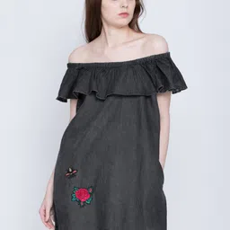Tokyo Talkies Women Charcoal Grey Off-Shoulder Dress-picture-7