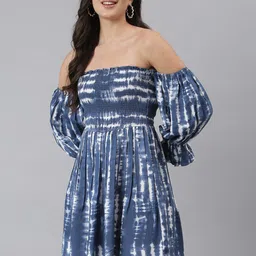DEEBACO Blue & White Tie and Dye Off-Shoulder Dress-6