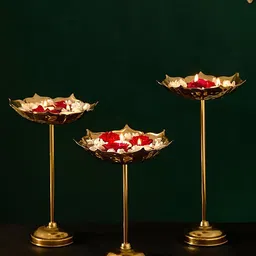 The Purple Tree Gold-Toned 3 Pieces Textured Lotus Urli With Stand-13