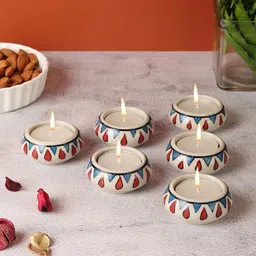 VarEesha 6 Pcs Beige & Blue Printed Ceramic Diyas & Tea Light Holders-5