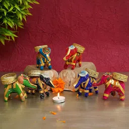 PASSION PETALS Green & Gold toned 6 Pieces Elephant Tea Light Holders-54