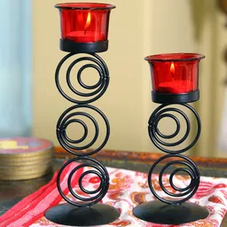 HOSLEY Set of 2 Black & Red Solid Candle Holders With Glass-32