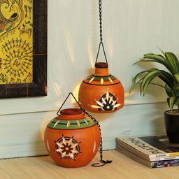 VarEesha Set of 2 Orange Printed Terracotta Tea Light Diya Lantern Lamps-image-55