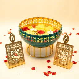 Ekhasa Gold Toned & Green 3 Pieces Urli Bowl & Tealight Candle Holders Gift Set-39