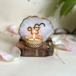 HOMEARTE White Agate Ik Onkar Tea Light Candle Holder-image-92