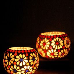 Brahmz Set Of 2 Yellow & Blue Glass Mosaic Votive Tealight Candle Holders-image-33