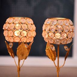 Fashion Bizz 2-Pcs Golden Crystal Studded Tea Light Candle Holders-17