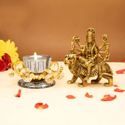 Ekhasa Gold Toned 2 Pieces Pure Brass Durga Maa Idol & Tealight Candle Holders-51