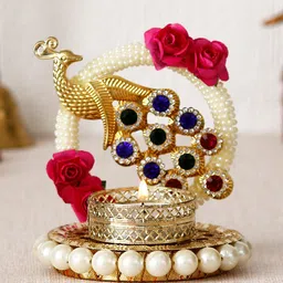 eCraftIndia Gold & White Metal Peacock With Stones Handcrafted Tea Light Holder-30