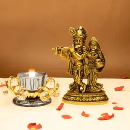 Ekhasa Gold Toned 2 Pcs Pure Brass Radha Krishna Idol & Tealight Candle Holder Gift Set-27