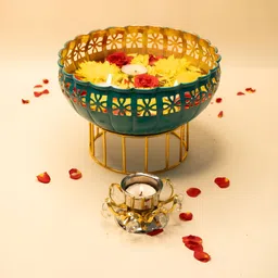 Ekhasa Gold-Toned 2 Pieces Urli Decorative Bowl With Stand & Tealight Holder Home Gift Set-14