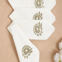 DESIGN GAATHA Cream & Grey 4 Pieces Embroidered Linen Table Napkins-30