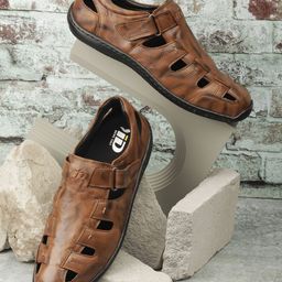 ID Men Tan & Black Leather Shoe-Style Sandals-image-45