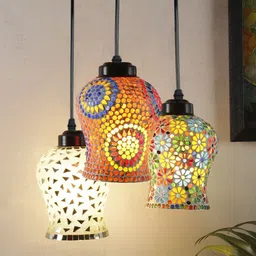 Devansh White & Red Mosaic Glass Hanging Lamp-34