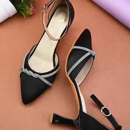XE Looks Embellished Pointed Toe Ankle Loop Block Heel Pumps image 3