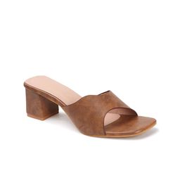 Mast & Harbour Tan Brown Textured Open Toe Block Heels image 2