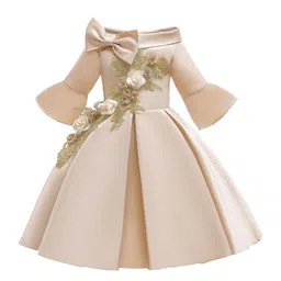 StyleCast Girls Champagne Floral Embroidered Bell Sleeves Pleated Balloon Dress-image-5