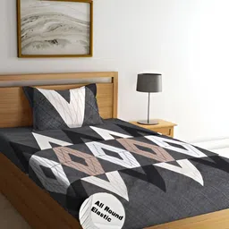 Innovative Edge Grey & white Cotton Fitted 160 TC Single Bedsheet with 1 Pillow Covers-4