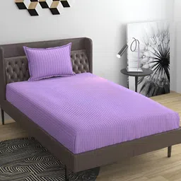 Bromwick Lavender& Grey Striped Cotton  210 TC Single Bedsheet with 1 Pillow Cover-image-93