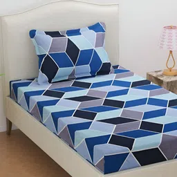 RRC White & Blue Geometric 144 TC Single Bedsheet with 1 Pillow Cover-picture-57