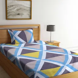 Arrabi White & Blue Geometric 300 TC Single Bedsheet with 1 Pillow Cover-image-53