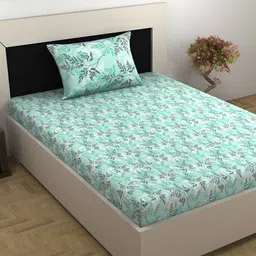 Divine Casa Emerald Sea Green Floral Cotton 144 TC Single Bedsheet with 1 Pillow Cover-image-54