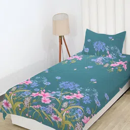 RD TREND Green & Pink Floral Printed 210 TC Cotton Single Bedsheet with 1 Pillow Covers-image-96