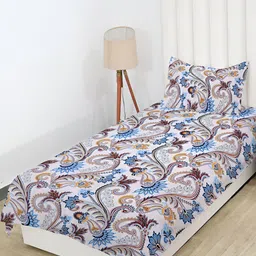 RD TREND White & Blue Floral Cotton 210 TC Single Bedsheet with 1 Pillow Covers-image-95