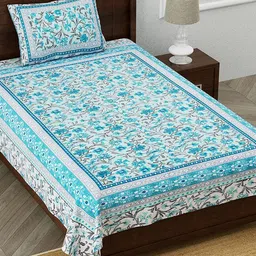 EasyGoods Blue & White Floral Cotton 210 TC Single Bedsheet With 1 Pillow Cover-image-59
