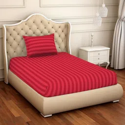 SPACES Skyrise Red Striped Pure Cotton 210 TC Single Bedsheet with 1 Pillow Covers-58