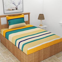 MORADO Beige & Orange Striped 210 TC Single Bedsheet with 1 Pillow Covers-image-88