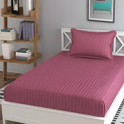 Furnistitchs Peach Striped 300 TC Fitted Single Bedsheet with 1 Pillow Cover-image-94