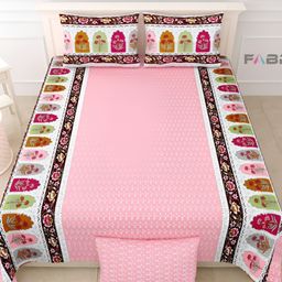 FABROLI Pink & Green 300 TC King Bedsheet with 2 Pillow Covers 130 GSM-image-24