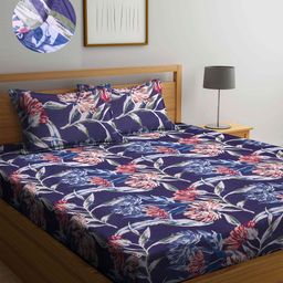 Arrabi Blue & Red Floral 300 TC King Bedsheet with 2 Pillow Covers-image-88